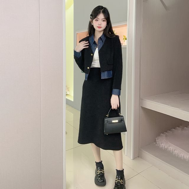 Woohan-Set Collar Denim Panel Button Jacket High Rise Plain Slit Midi A-Line Skirt