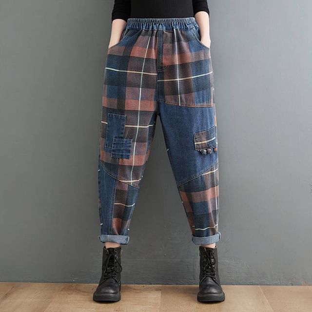 Lewwe-Elastic Waist Plaid Crop Harem Pants