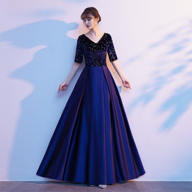 green emerald velvet dress Sparkly Galaxy Rhinestone Purple Sequin Prom Dress
