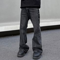 Mid Rise Washed Distressed Flared Jeans