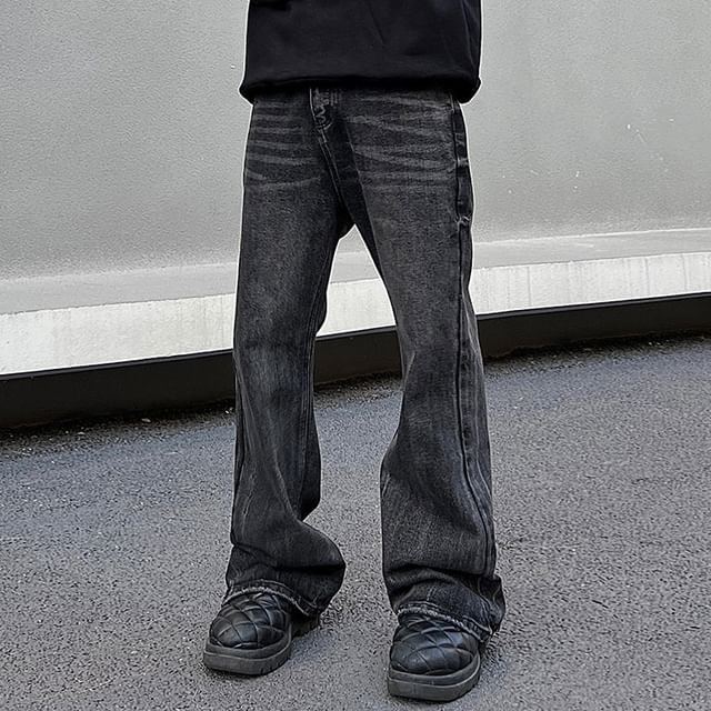 Phoneus-Mid Rise Washed Distressed Flared Jeans