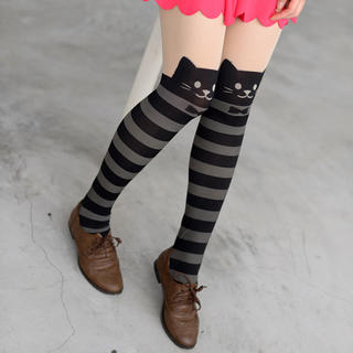 Cat Print Striped Tights