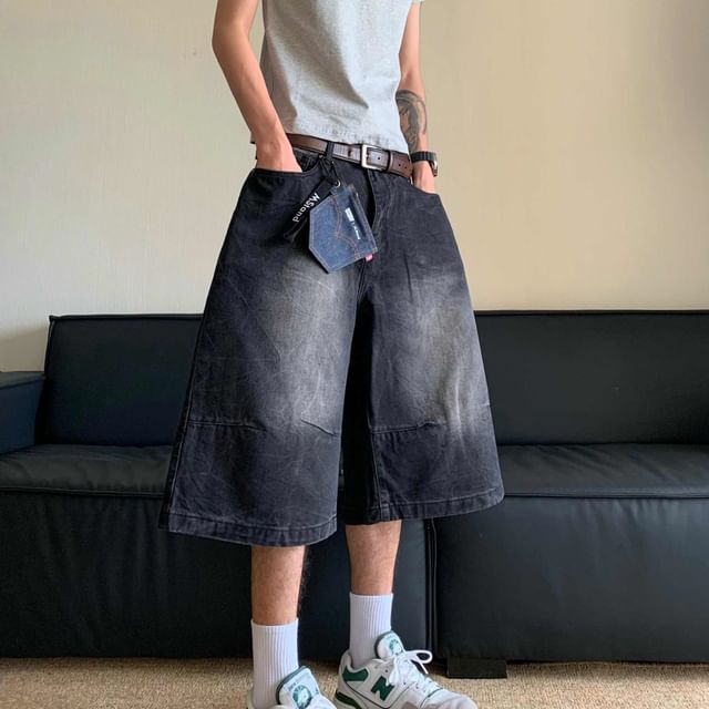 Adothuiastic-Mid Rise Washed Denim Wide Leg Jorts