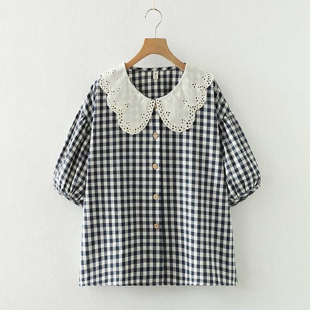 PANDAGO-34-Sleeve Eyelet Lace Collar Gingham Button-Up Blouse