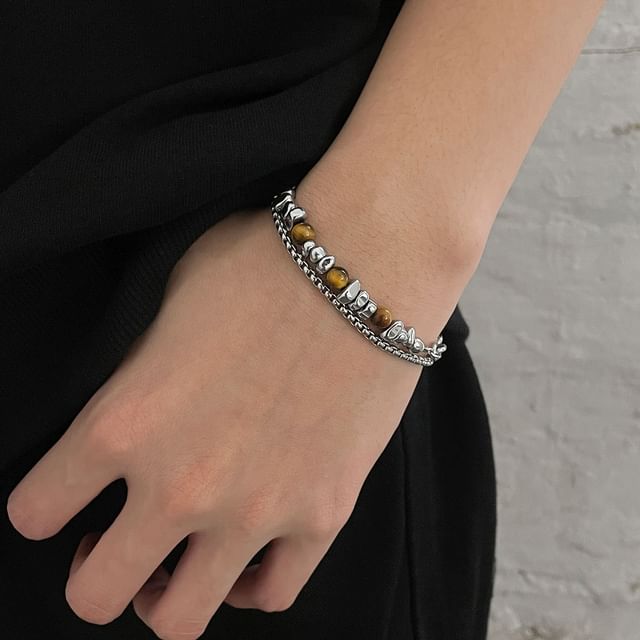 Black Degree-Stainless Steel Beaded Layered Bracelet