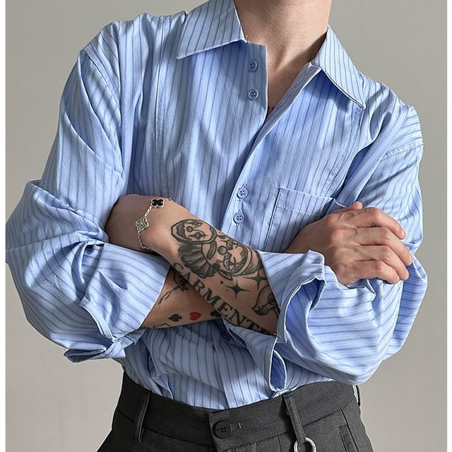 Nahagin-Long Sleeve Collared Striped Shirt