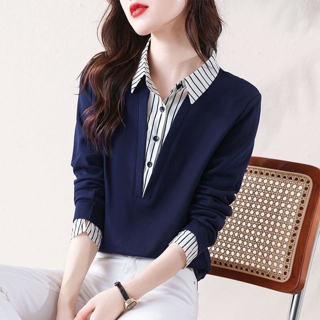 INEN-Long-Sleeve Collar Plain Striped Panel Mock Two-Piece Tee