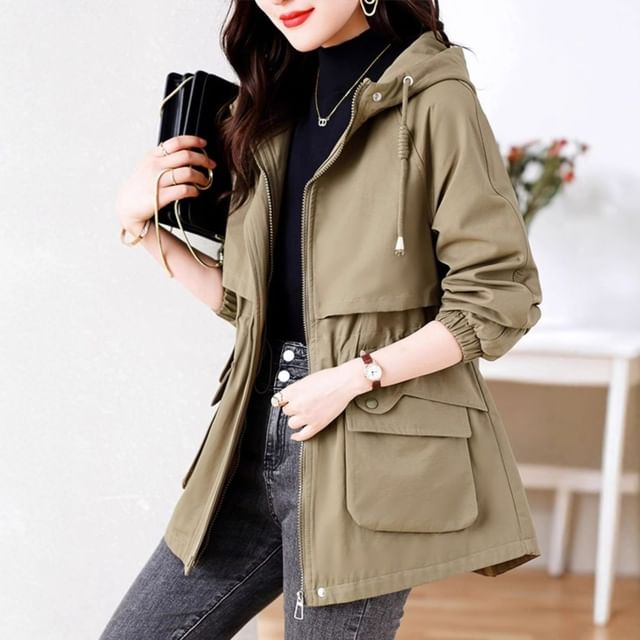 INEN-Plain Hooded Pocket Detail Zip Jacket
