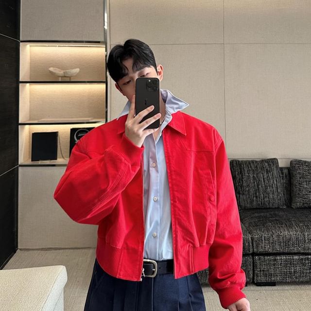 Freehop-Collared Plain Zip Up Cropped Jacket
