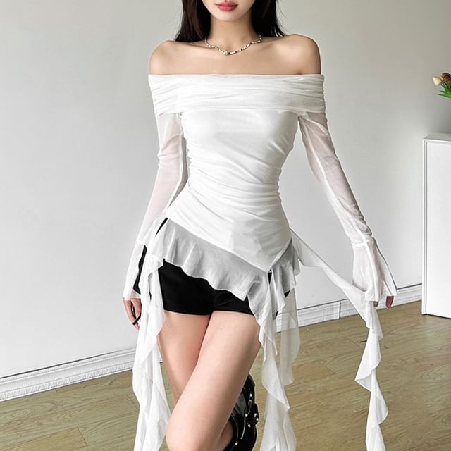 Bababy Long Sleeve Off-Shoulder Plain Ruffle Trim Top YesStyle