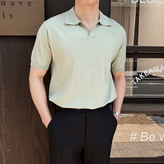 Omozando-Short-Sleeve Plain Knit Polo Shirt