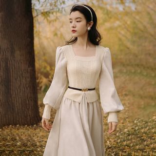 Cocaliso Mock Two-Piece Long-Sleeve Square Neck Knit Panel Midi A-Line Dress Sale