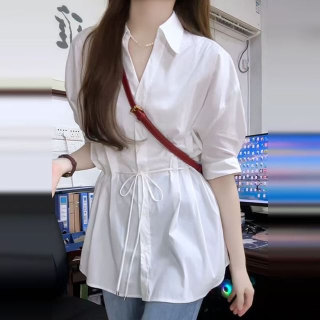 Everose-Short-Sleeve Plain Drawstring Button-Up Blouse
