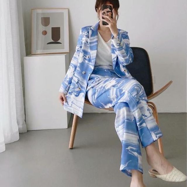 Indesi-Printed Double-Breasted Blazer Straight Leg Pants Set