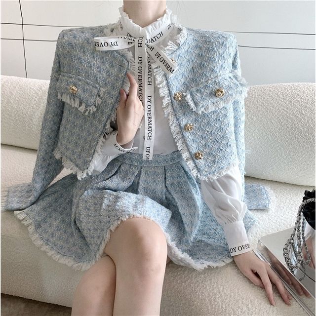 Long-Sleeve Lace Blouse / Tweed Tassel Trim Button-Up Jacket / High Rise  Pleated Mini A-Line Skirt / Set