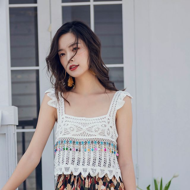 Juuri-Square-Neck Crochet Tank Top