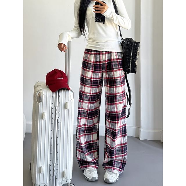 Maisee-Plaid Straight-Leg Loose Pants