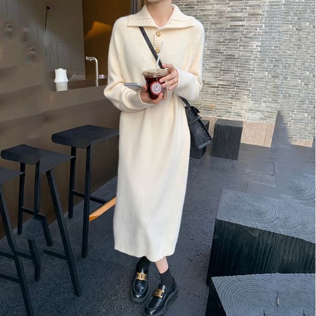 Cloud Nine - Collared Plain Midi Sweater Dress | YesStyle