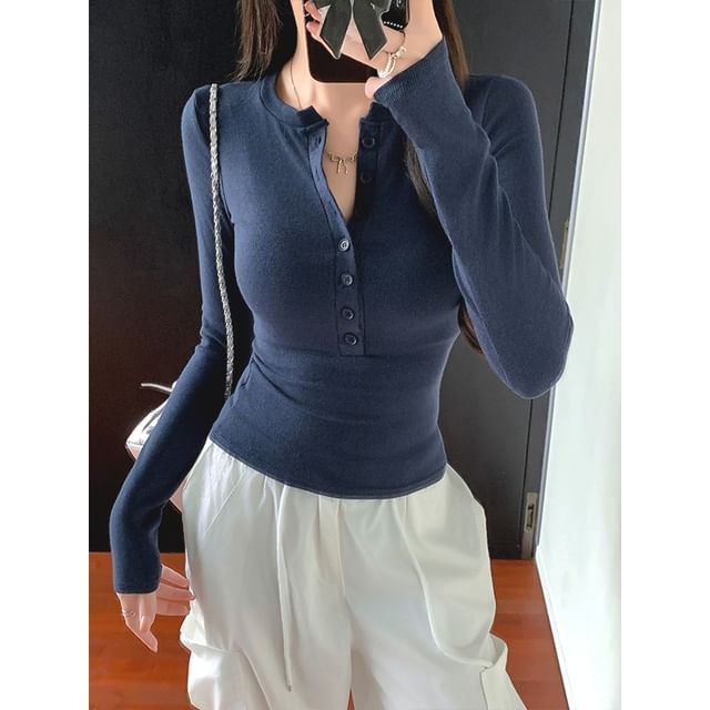 Gilmort-Long-Sleeve Half Buttoned Plain Top