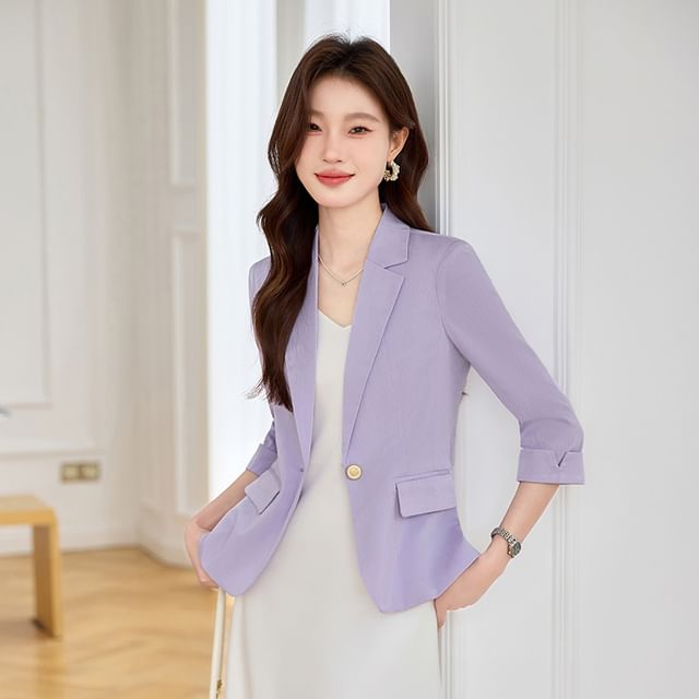 Skyheart-34-Sleeve Notch Lapel One-Buttoned Plain Blazer