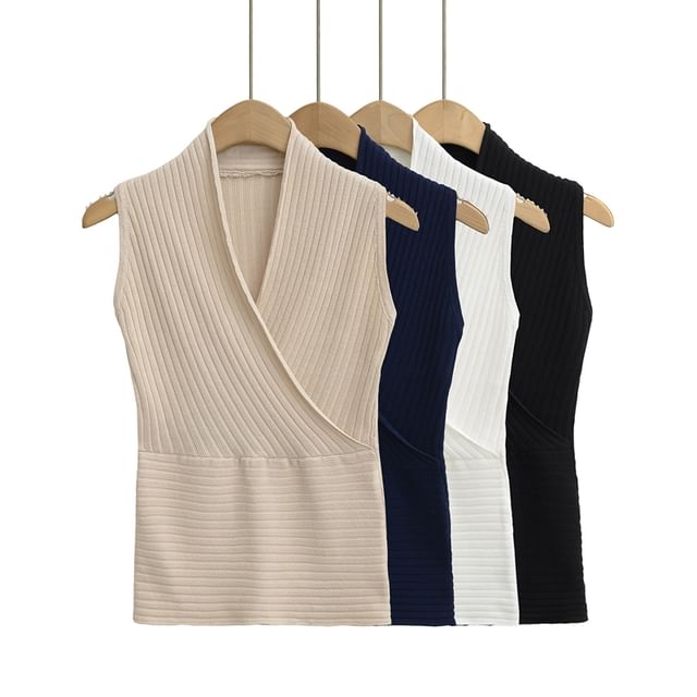 Ulark-V-Neck Plain Ribbed Knit Tank Top