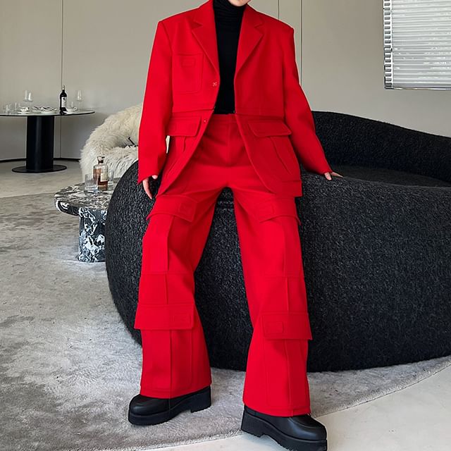 Drawouf-Set Lapel Collar Plain Detachable Single-Breasted Cargo Blazer High Waist Wide Leg Dress Pants