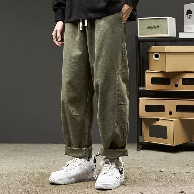 DuckleBeam-Drawstring Waist Plain Straight Leg Pants