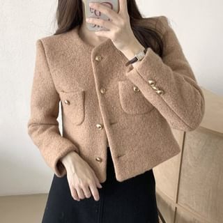 Coris-Long Sleeve Round Neck Plain Cropped Button Jacket