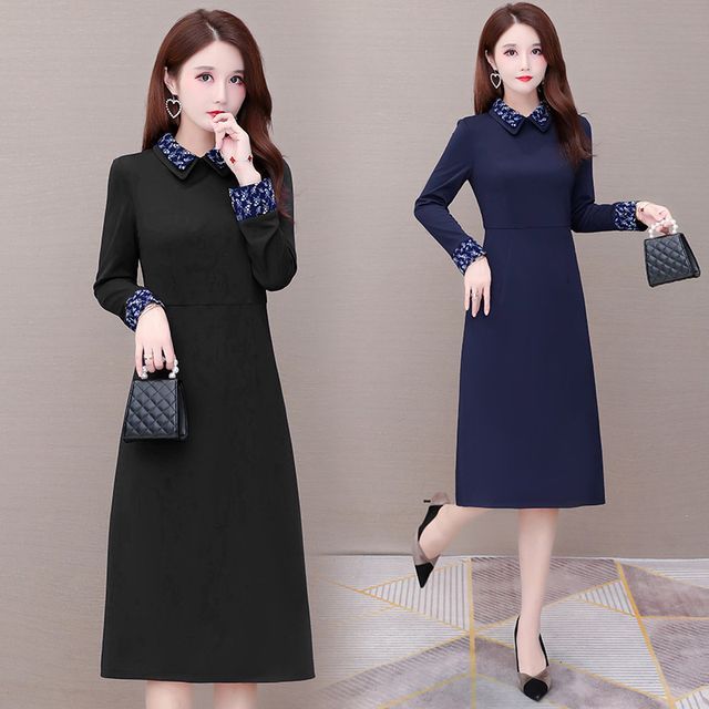 Long-Sleeve Collared Midi A-Line Dress 