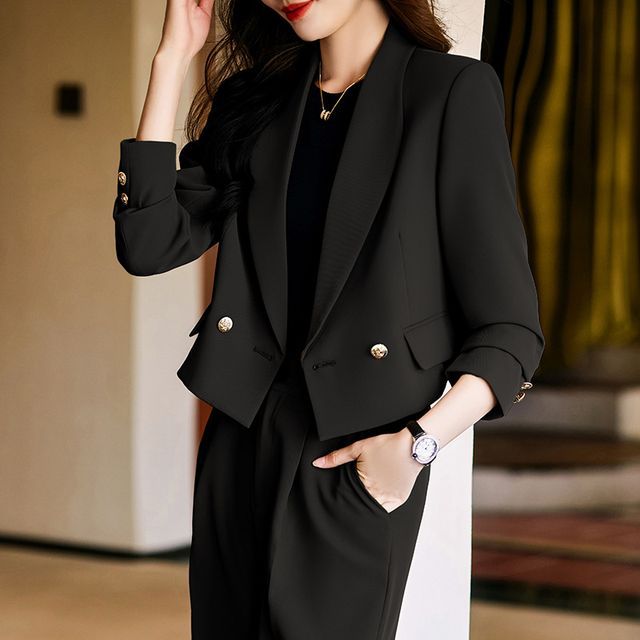 Skyheart-Plain Double-Breasted Blazer High Rise Wide Leg Slacks Set