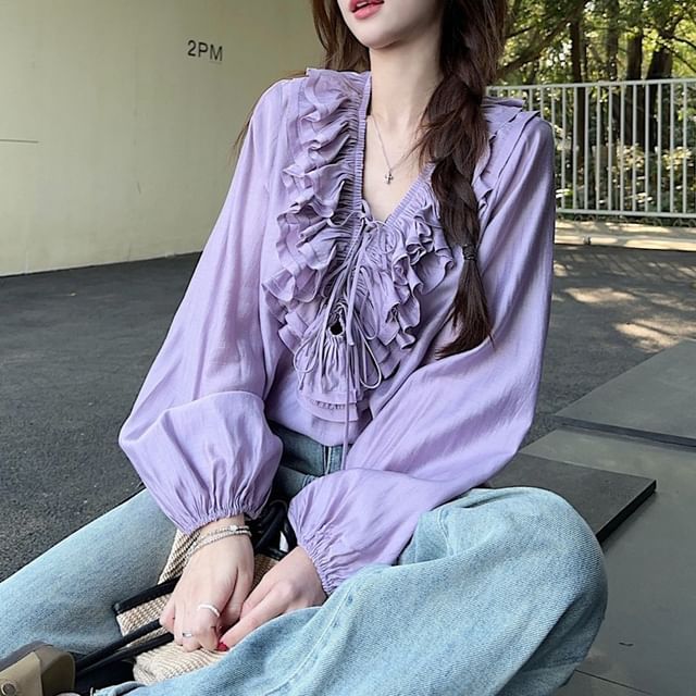 Trendycas-Puff-Sleeve V-Neck Plain Ruffled Blouse
