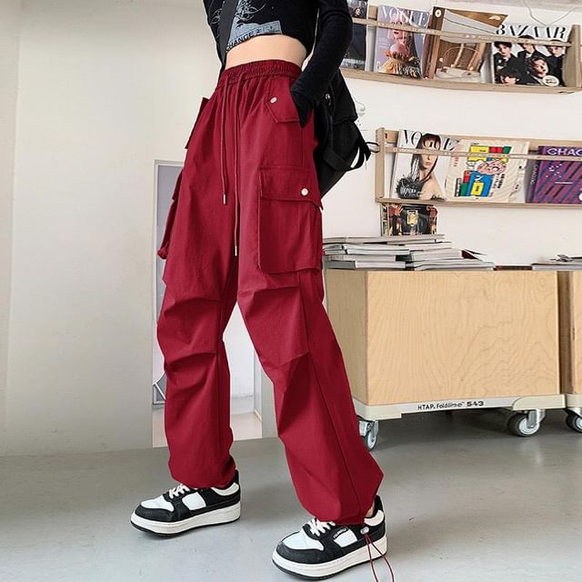 Woohan-High Rise Plain Drawstring Baggy Cargo Pants