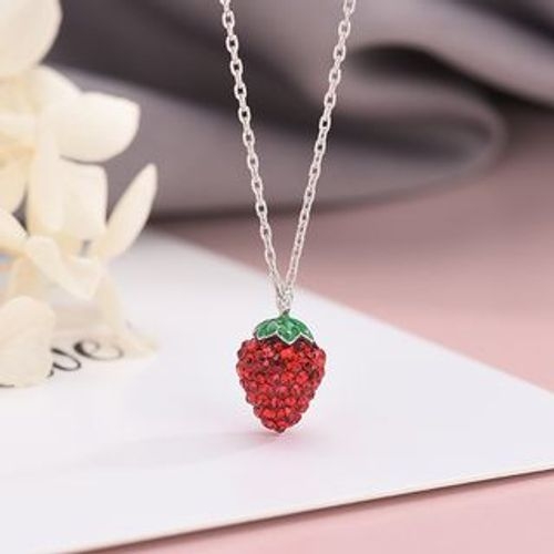 3d Strawberry Shaped Stainless Steel Pendant Necklace With Rhinestone  Decoration