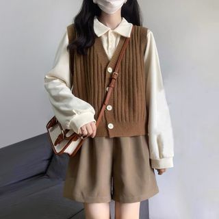 Ango V-Neck Ribbed Button-Up Sweater Vest / Long-Sleeve PoloShirt High Waist Wide