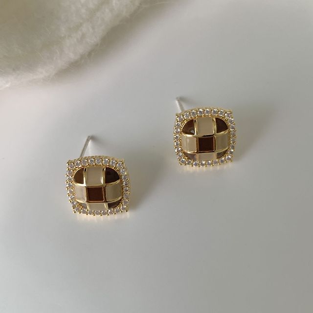 Forainer-Checker Rhinestone Alloy Earring