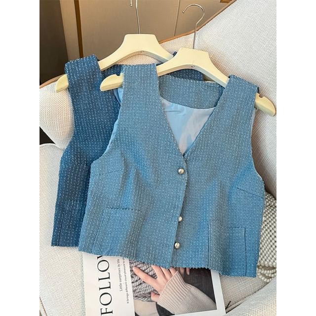 Lemongrass-Tweed V-Neck Vest Jacket