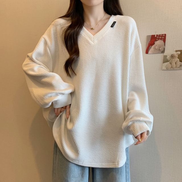 Dovitade-V-Neck Plain Ribbed Oversized Sweatshirt