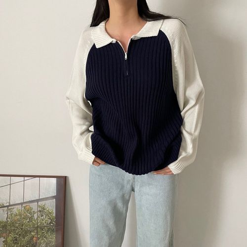 DDM K-Fashion - Raglan Two-Tone Anorak Sweater | YesStyle