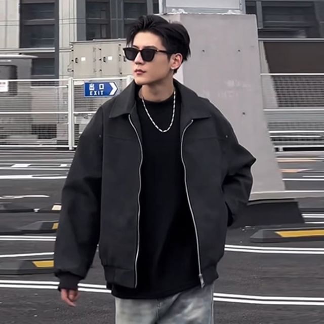 Kimeya-Collared Plain Zip Bomber Jacket