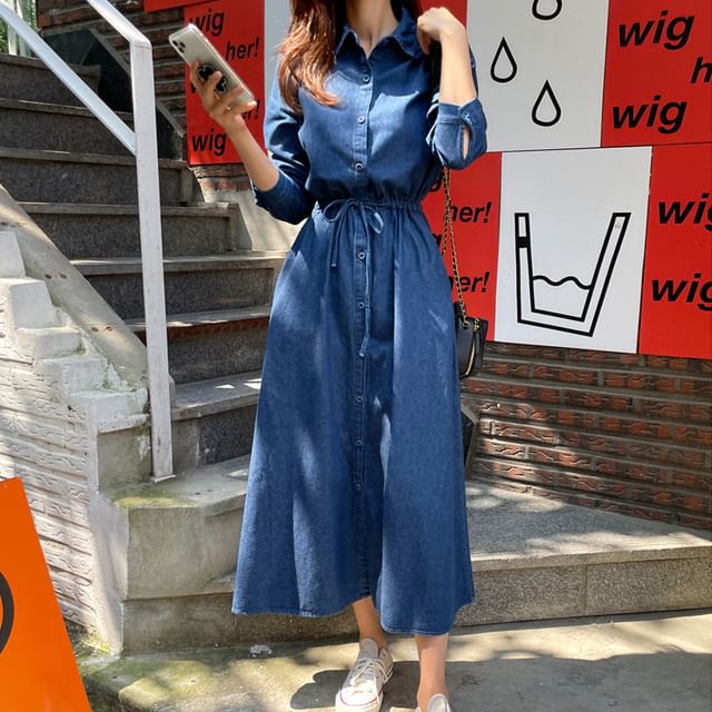 chinese dress ladies Relaxed Western Denim Midi Shirt Dress with Button Front for Women main image 1