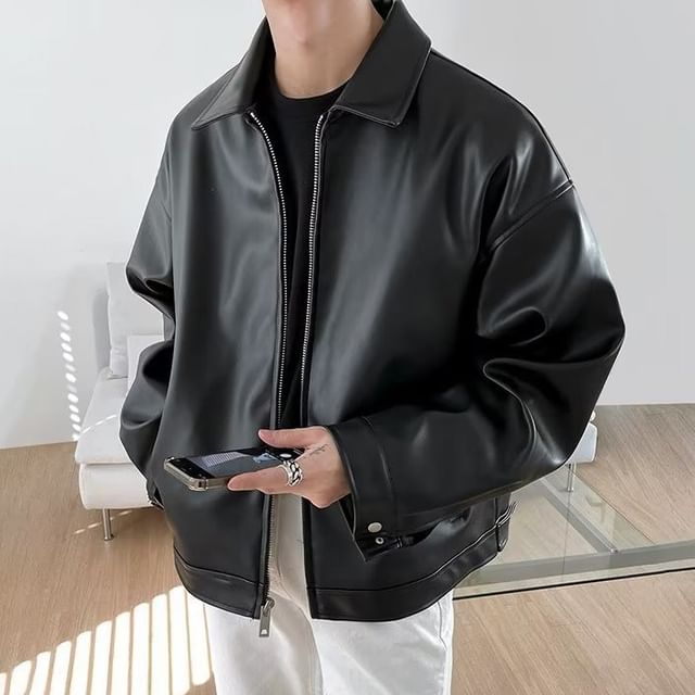 GRAYCIOUS-Collared Plain Zip-Up Faux Leather Jacket