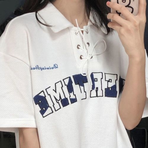 Downoon - Short-Sleeve Letter Embroidered Lace-Up Polo Shirt