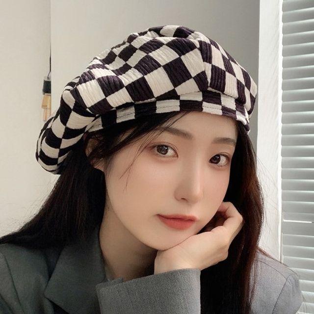 checkered beret hat