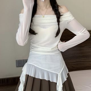 Allinya-Long Sleeve Off Shoulder Plain Ruffle Asymmetrical Mesh Top