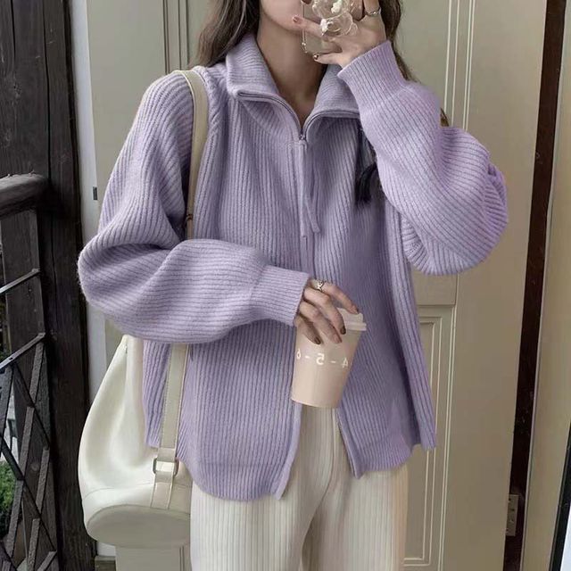 Beaustreet-Stand Collar Plain Ribbed Zip Cardigan