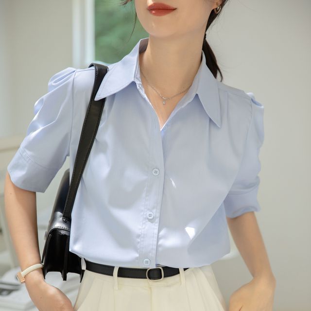 Shinsei-Short-Sleeve Collared Plain Shirt