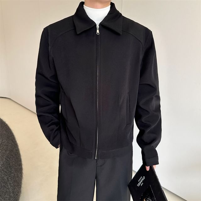 Omozando-Collar Plain Zip Jacket