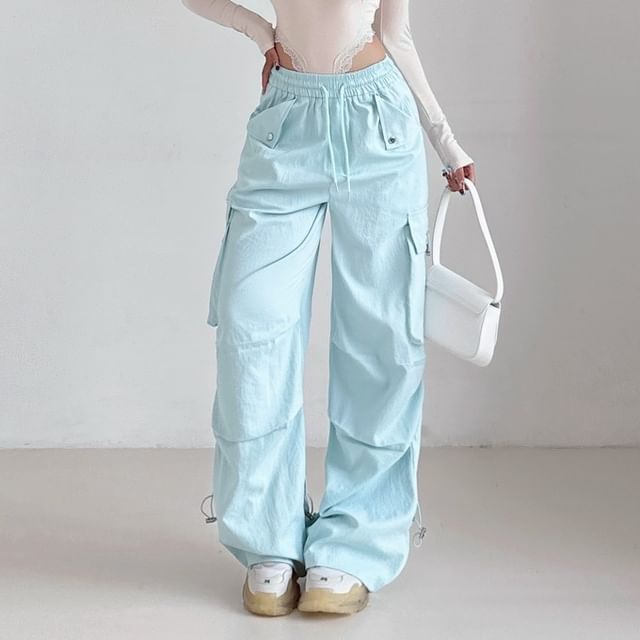 LIVIE-High Rise Plain Drawstring Baggy Cargo Pants