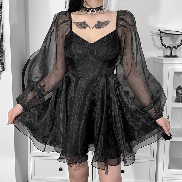 meadowdrop - Long-Sleeve Mini A-Line Organza Dress | YesStyle
