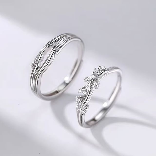 Toinianimos-925 Sterling Silver Couple Matching Geometry Ring Gingko Rhinestone Ring Set